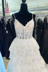 White Layered Tiered Prom Dresses Sequin Spaghetti Straps A-Line - MyChicDress